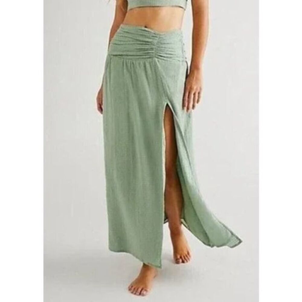 Free People - Light Green - Full Length Maxi Linen Skirt - Elastic Waist -